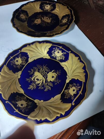 Блюдо, 2 тарелки,кобальт, позолота, ГДР, фарфор