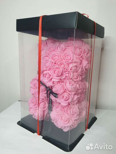 Мишка из роз 30 см розовый в коробке