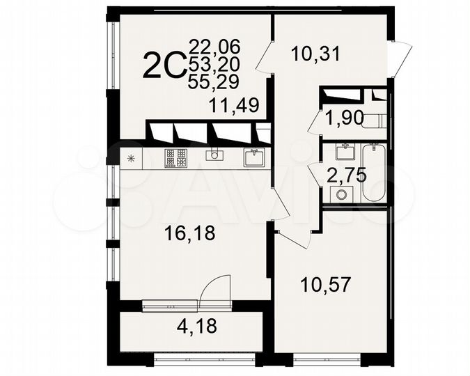 2-к. квартира, 55,3 м², 20/25 эт.