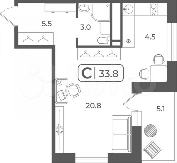 Квартира-студия, 33,9 м², 7/22 эт.