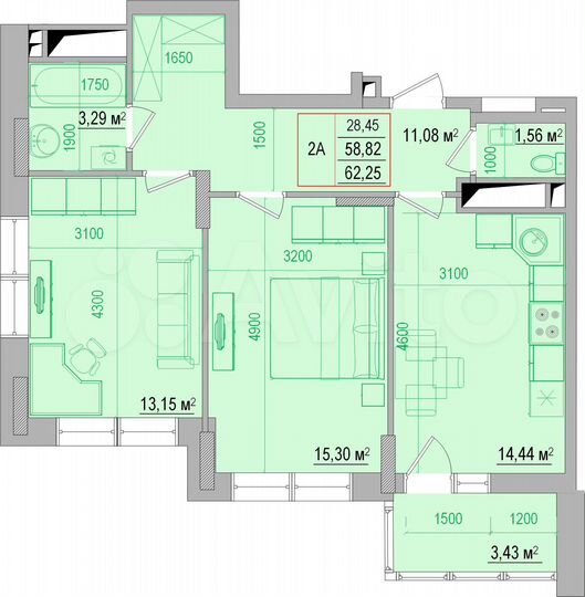 2-к. квартира, 62,3 м², 11/18 эт.