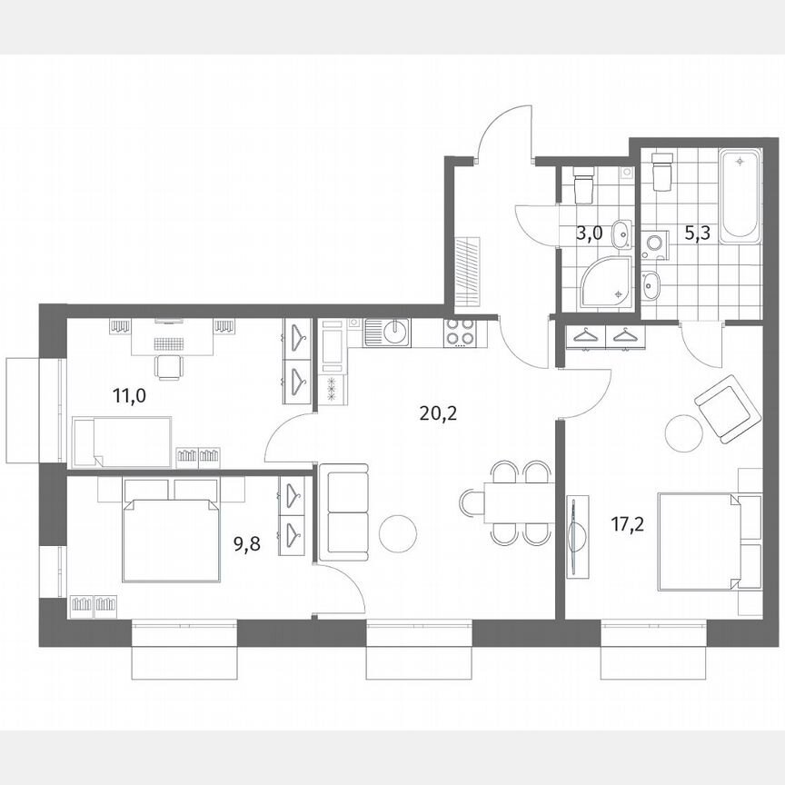 3-к. квартира, 70,7 м², 7/13 эт.