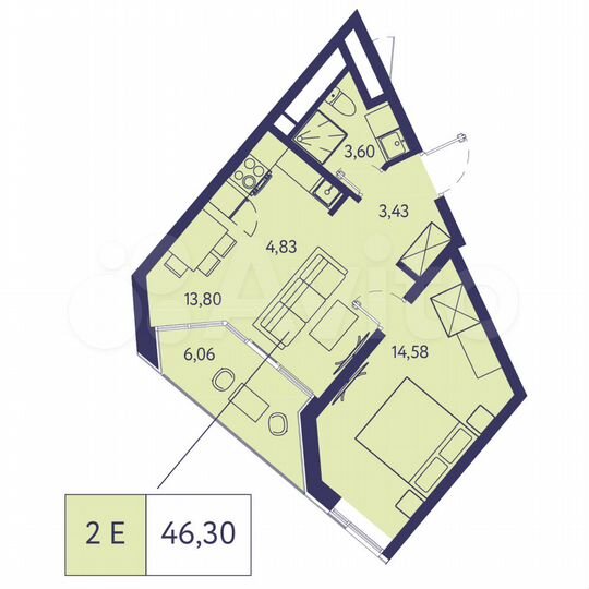 2-к. квартира, 46,3 м², 3/20 эт.
