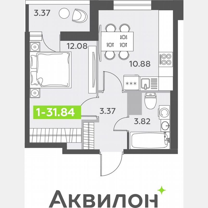 1-к. квартира, 31,8 м², 12/12 эт.