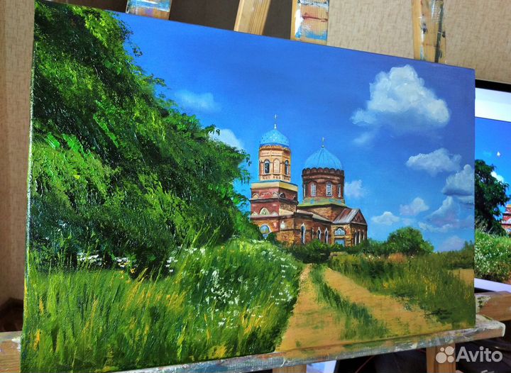 Картина маслом на холсте с церковью 