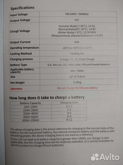Автомобильное зарядное устройство 12V 6A