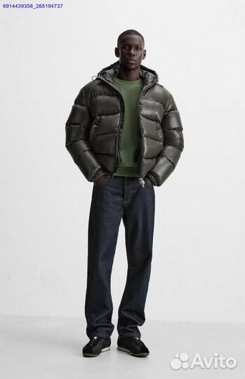 Пуховик Zara x Moncler глянцевый Хаки (Арт.88818)