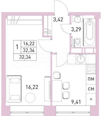 1-к. квартира, 32,3 м², 3/17 эт.
