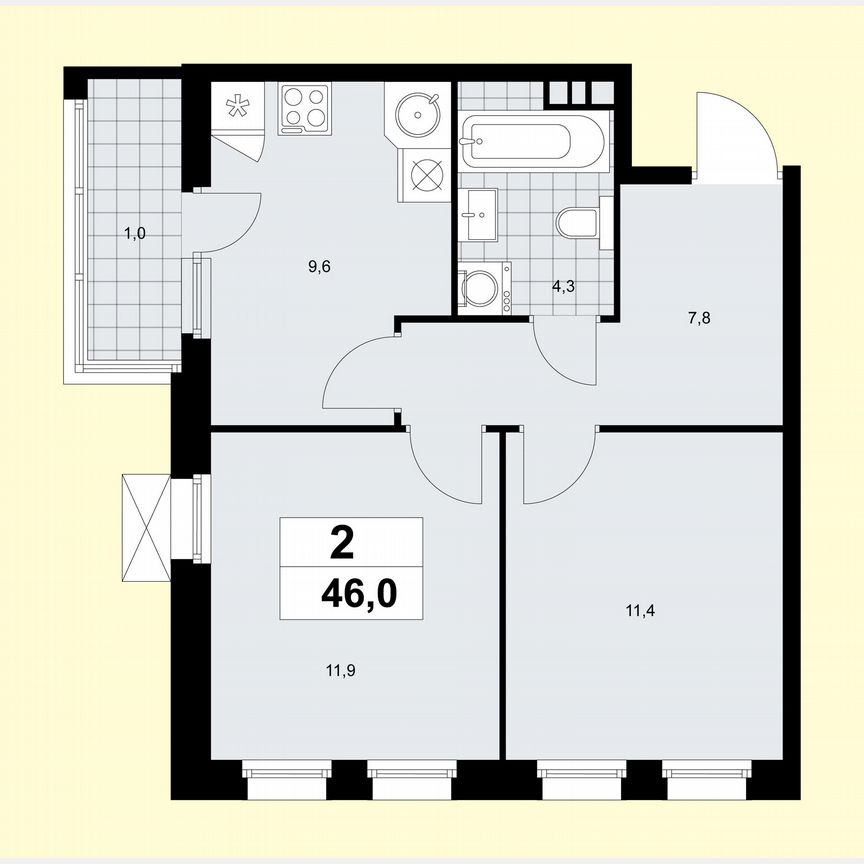 2-к. квартира, 46 м², 4/14 эт.