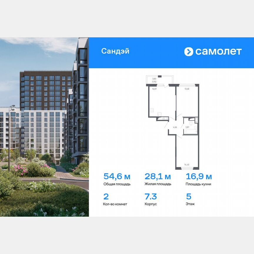 2-к. квартира, 54,6 м², 5/7 эт.