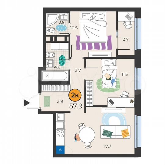 2-к. квартира, 57,9 м², 12/14 эт.