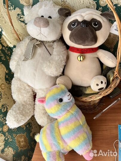 Мягкие игрушки альпака, мопс, медведь