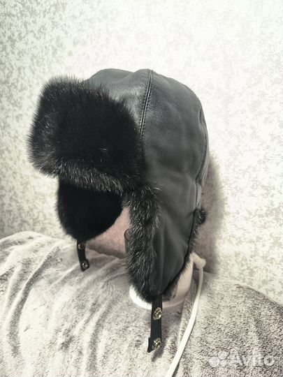 Шапка ушанка натуральный мех норки, кожа