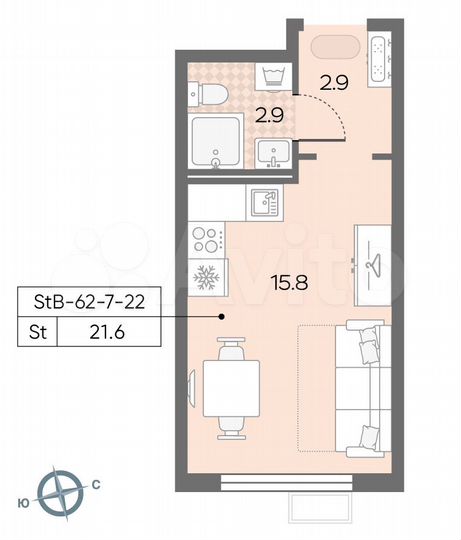 Квартира-студия, 21,6 м², 13/22 эт.