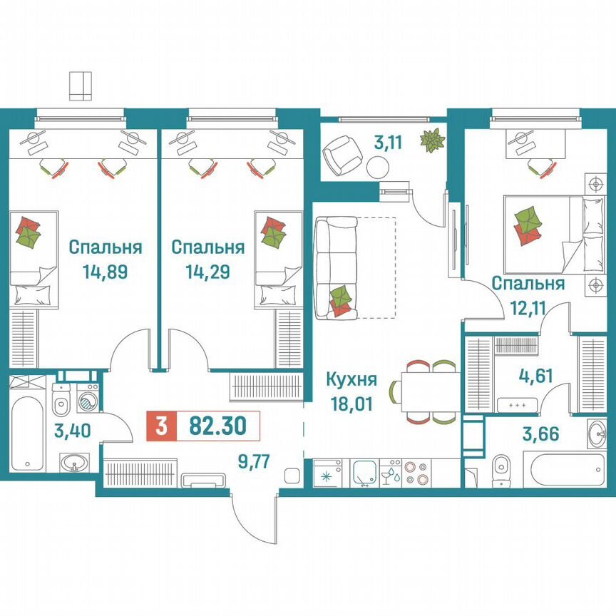3-к. квартира, 82,3 м², 4/18 эт.