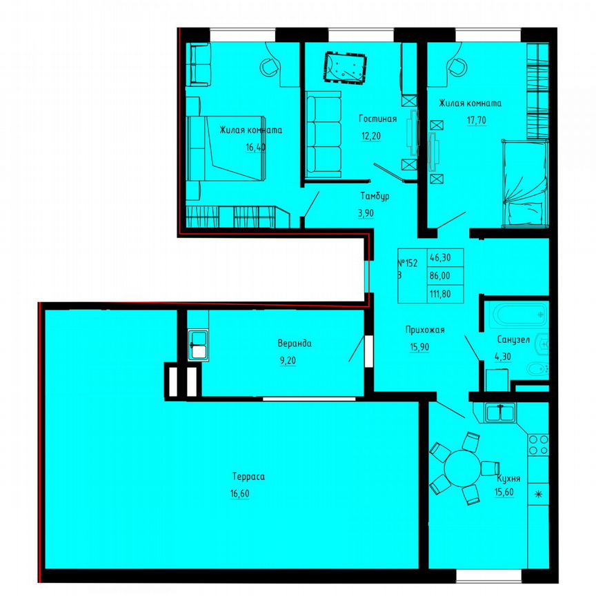 3-к. квартира, 111,8 м², 8/8 эт.