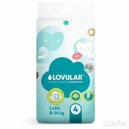 Подгузники lovular sweet kiss, L (8-14кг), 54 шт