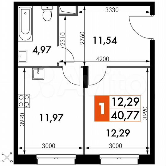 1-к. апартаменты, 40,8 м², 1/15 эт.