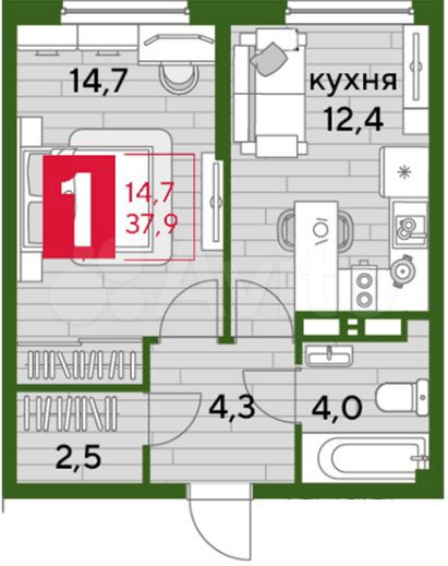 1-к. квартира, 37,9 м², 9/16 эт.