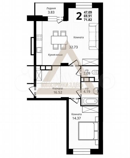 2-к. квартира, 71,8 м², 2/17 эт.