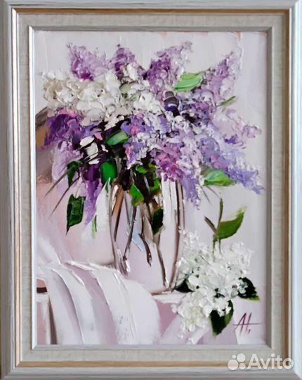Картина холст 38*48 масло сирень букет в вазе