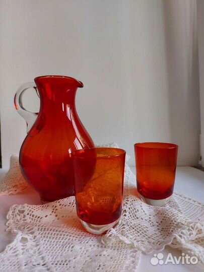 Кувшин, графин со стаканами из рубинового стекла