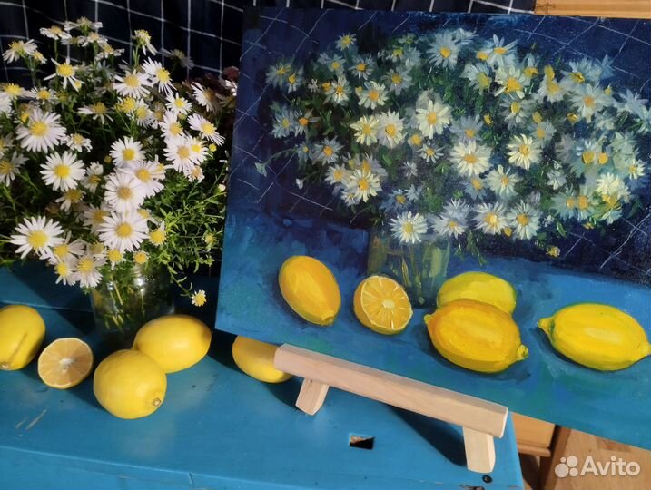 Интерьерная картина с лимонами и ромашками маслом