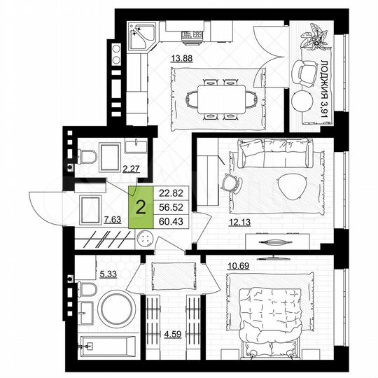 2-к. квартира, 60,4 м², 2/7 эт.
