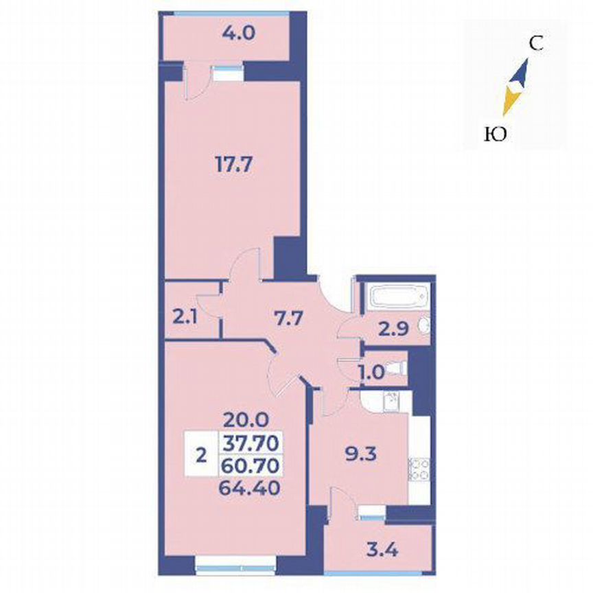 2-к. квартира, 64,4 м², 8/9 эт.