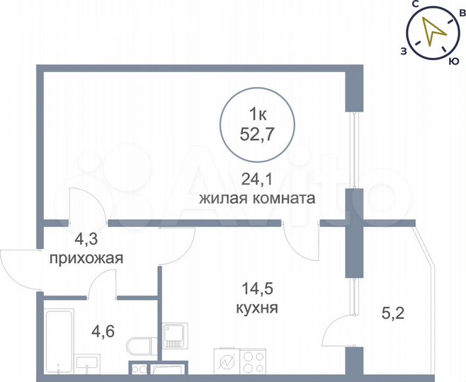 1-к. квартира, 52,7 м², 6/7 эт.