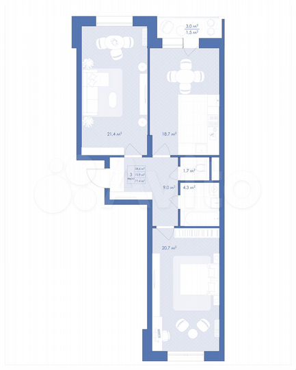 3-к. квартира, 77,4 м², 3/21 эт.