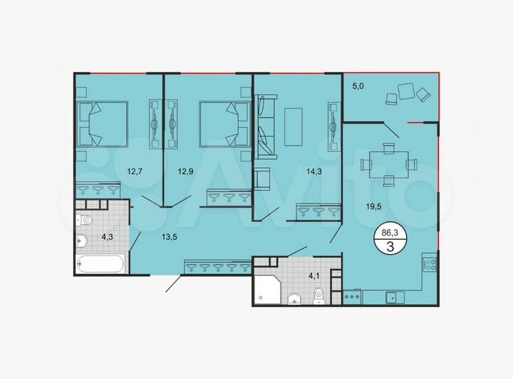 3-к. квартира, 85,7 м², 8/19 эт.