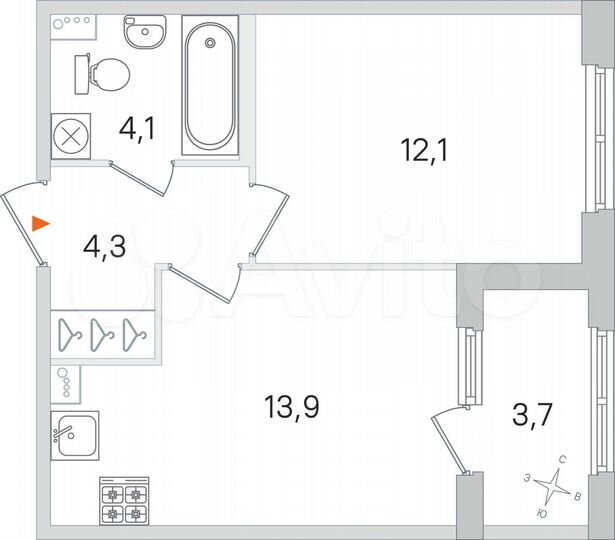 1-к. квартира, 36,3 м², 1/4 эт.