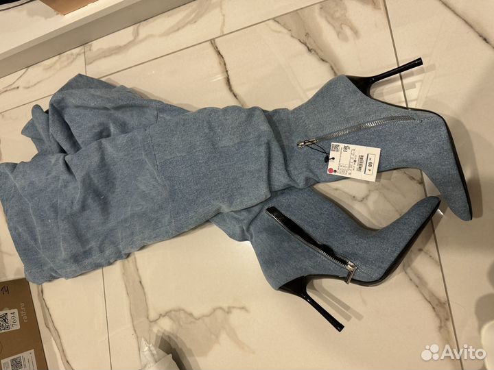 Новые джинсовые сапоги ботфорты zara