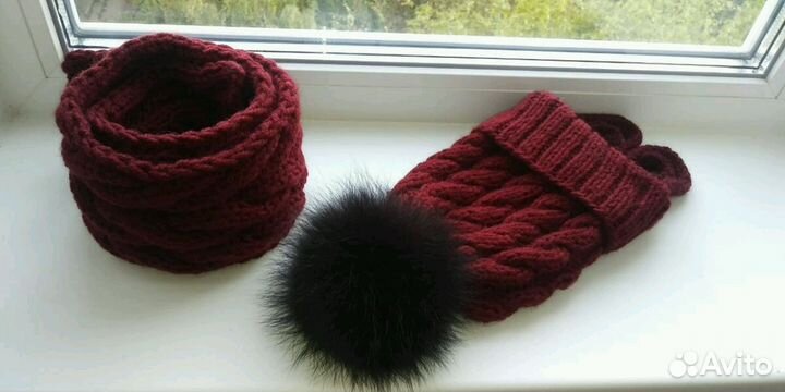 Вязаная шапка(косы) с помпоном и шарфик. Меринос