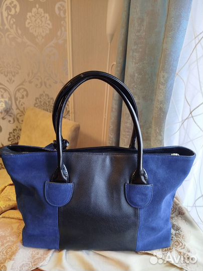 Сумка натуральная кожа, замша, лак синяя