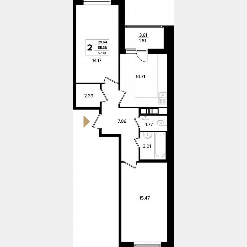 2-к. квартира, 56,5 м², 6/11 эт.