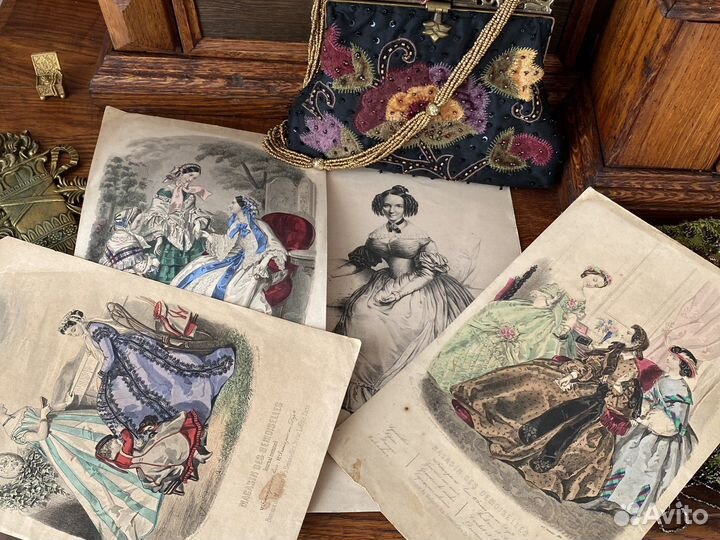 Антикварные гравюры. Акварель. Мода. Франция