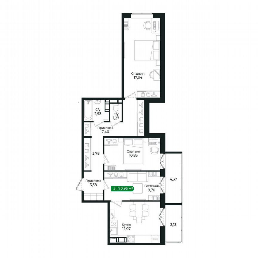 3-к. квартира, 71 м², 5/8 эт.