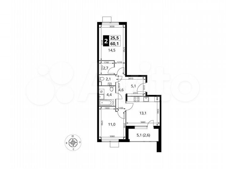 2-к. квартира, 60,1 м², 17/17 эт.