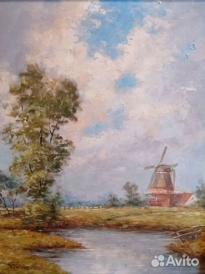 Картина. Летний Голландский пейзаж. Старинный