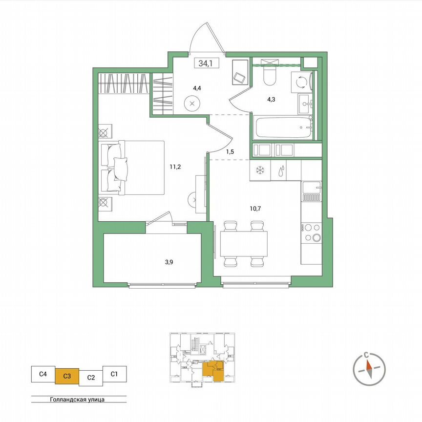 1-к. квартира, 34,1 м², 6/11 эт.