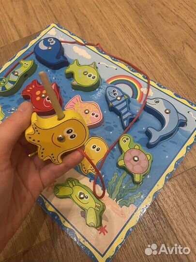 Деревянные пазлы рыбалка сортер книги 2 лет