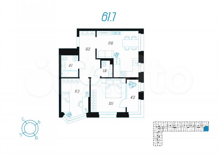 2-к. квартира, 61,7 м², 11/24 эт.
