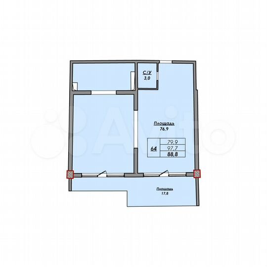 Своб. планировка, 88,8 м², 2/9 эт.