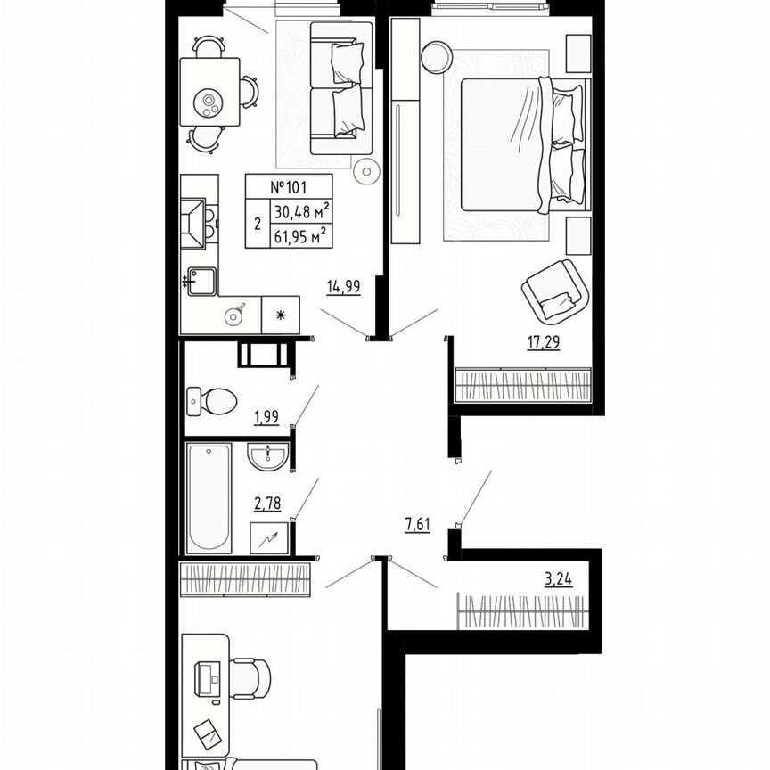 2-к. квартира, 62 м², 4/4 эт.