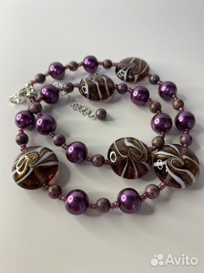 Фиолетовые бусы муранское стекло 46 см