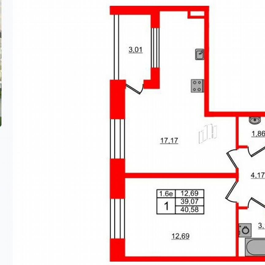 1-к. квартира, 39,1 м², 2/5 эт.