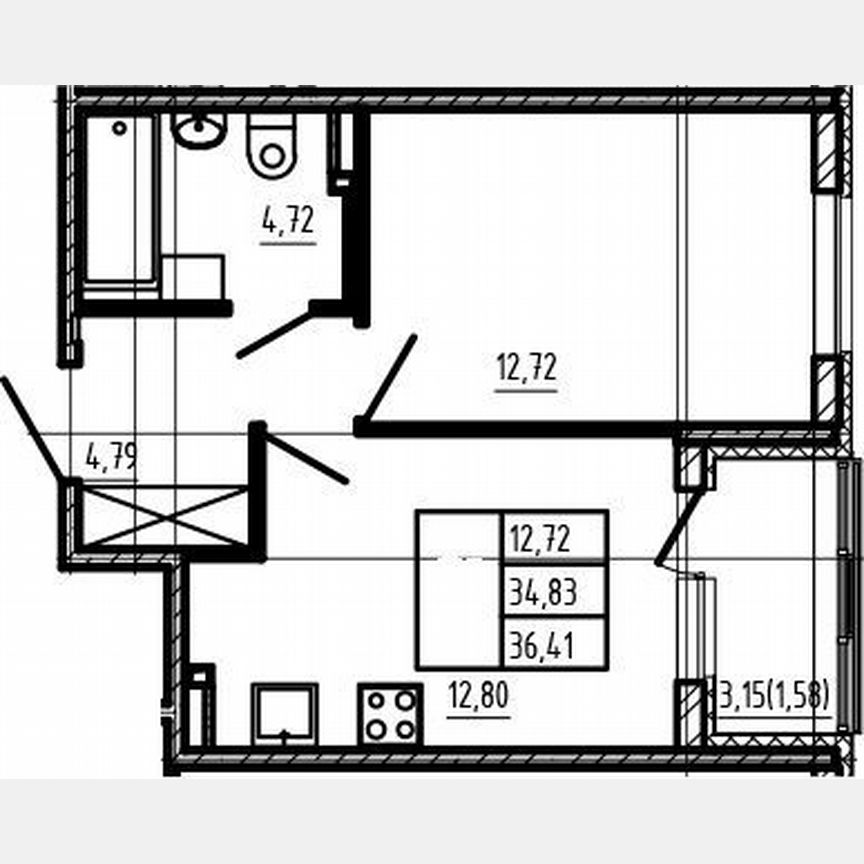 1-к. квартира, 34,8 м², 2/4 эт.