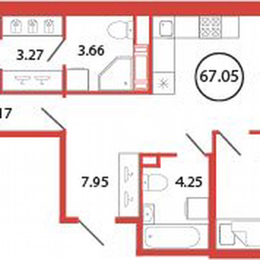 2-к. квартира, 67,1 м², 7/12 эт.